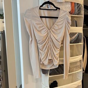 Astr Ruched V-Neck Long Sleeve Blouse in Cream